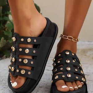 SHEIN Black and Gold Sandals with Studded Straps
